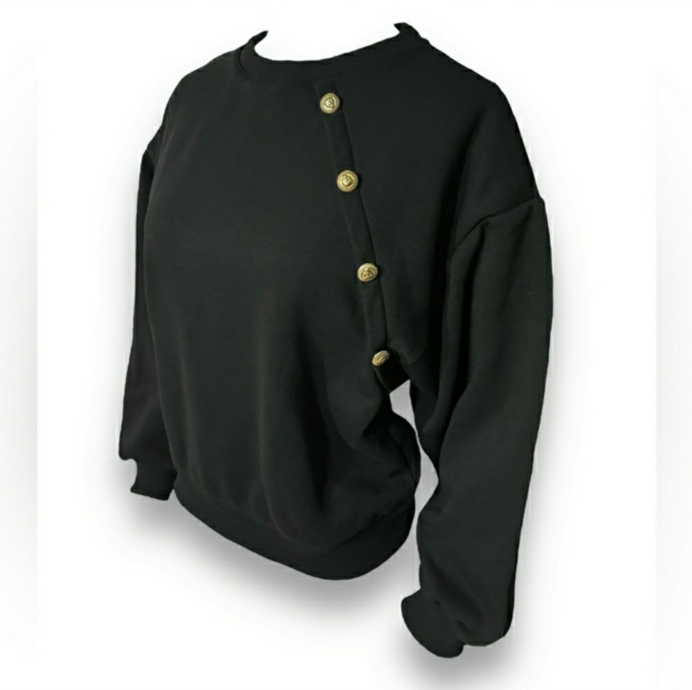 ZARA Black Sweatshirt Dropped Shoulder Diagonal Faux Button Placket